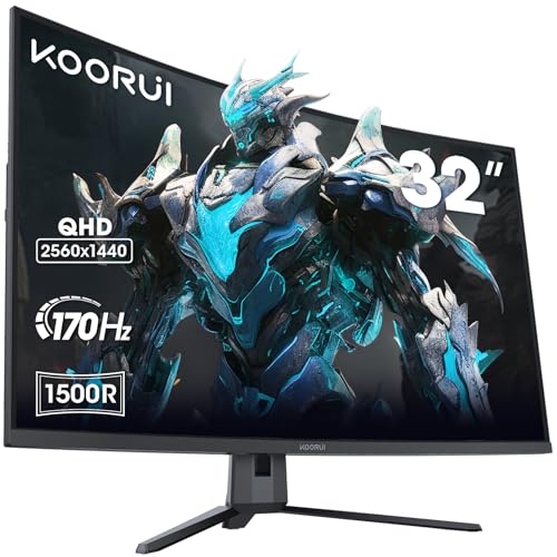 KOORUI Moniteur de jeu incurvé 32 pouces, UltraWide QHD 2560 x 1440P 170Hz 1500R VA Panel Display, Adptivesync HDR 10 HDMI DisplayPort, inclinaison réglable, soin des yeux
