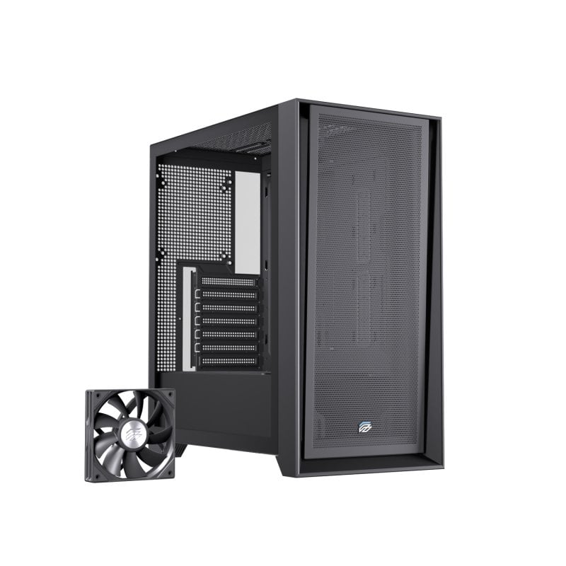 einarex Boîtier PC Einarex Pulse P600 Core Black avec panneau latéral interchangeable en mesh verre trempé, compatible avec 6 ventilateurs, refroidissement liquide 360 mm et panneau latéral en verre.