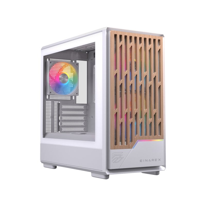 einarex Tour PC compacte Einarex PULSE PM400 RGB blanche, bois, support 9 ventilateurs, refroidisseur liquide 240 mm