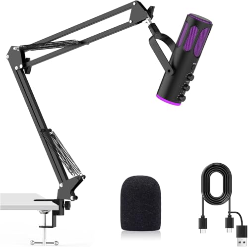 Ortizan Microphone de Jeu USB, Microphones à condensateur pour PC, PS4 5 et Mac, Microphone Podcast avec Suppression du Bruit, Microphone avec sourdine, réverbération, Surveillance, Bras réglable