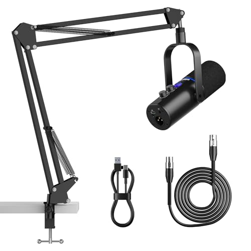 Ortizan Microphone Dynamique XLR USB, Microphone Podcast, Microphones à condensateur avec Bouton muet, Effets de réverbération, Suppression du Bruit, Support de Perche, Prise Casque, Streaming