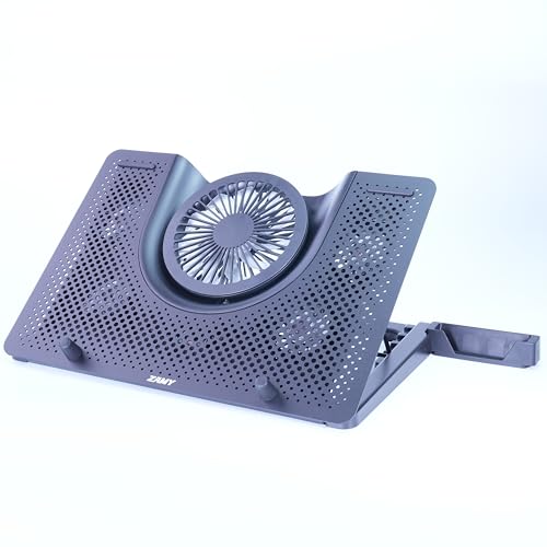 ZAMY Refroidisseur Notebook 18 , 5 Ventilateurs (140mm 4x60mm) LED Bleue, Bouton Marche Arrêt, 5 Angles, USB, Support Téléphone, Câble Écologique, Alu ABS Éco – Noir (Argent Gunmetal bientôt)