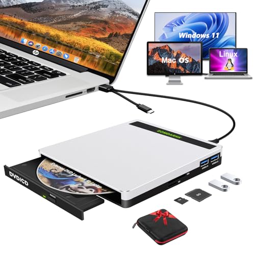 Lecteur CD DVD externe USB 3.0 DVD graveur portable USB C avec fente SD TF et 2 ports USB Slim CD DVD RW graveur pour ordinateur portable ordinateur de bureau Mac MacBook Windows 11 10 8 7 XP Linux