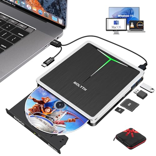 NOLYTH Lecteur Blu ray Externe USB C Graveur Bluray Externe USB 3.0 avec fente SD TF Ports USB Sac, Portable Externe Blu-ray CD DVD Lecteurs pour Ordinateur Portable PC Mac Windows 11 MacBook