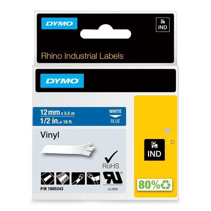 Dymo Étiquettes vinyle autoadhésives DYMO Rhino 12 mm x 5,5 m White sur Blue
