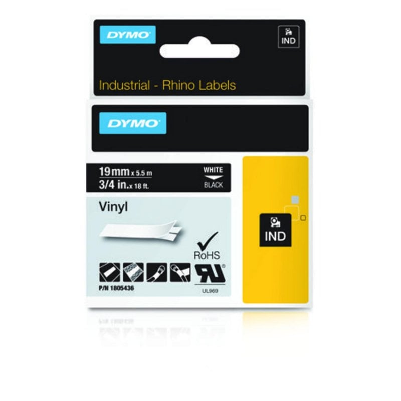 Dymo Étiquettes Vinyle IND, White sur Black, Multicolore, Vinyle, -40 à 80 °C
