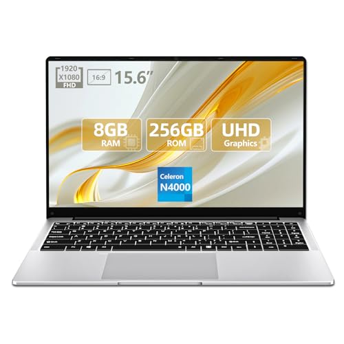 Ordinateur Portable 15,6 , Celeron N4000 Portable, PC Portable Ordinateur 1920 * 1080 FHD IPS Laptop 8Go DDR4 RAM 256Go SSD, WiFi5 Mini-HDMI USB3.0 BT4.2 Webcan, Carte TF Développer to 1To