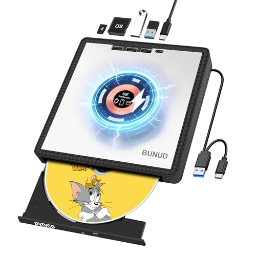 BUNUD Lecteur CD DVD externe USB 3.0 Superdrive pour Mac Apple avec chargeur sans fil - Charge rapide 3 en 1 pour iPhone iwatch AirPods - Graveur CD portable en aluminium avec SD TF 3 ports USB