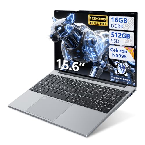 PC Portable Win11, 15,6 Pouces Ordinateur Portable 16Go LPDDR4 RAM 512Go SSD, Celeron N5095 CPU, Clavier Rétro-éclairé Déverrouillage Empreinte, 180°Flip 1080P Écran Laptop, Webcam BT4.2 USB3.0 WiFi5