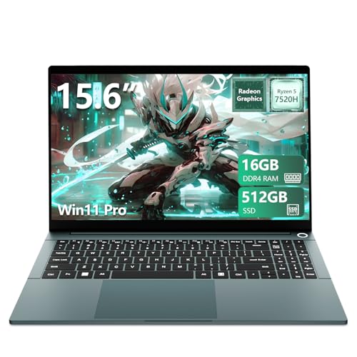Ordinateur Portable 15,6 Pouces, AND Ryzen 5 7520H CPU, Win11 PC Portable 16Go RAM SSD 512Go, Graphique Radeon, Clavier Rétro-éclairé Déverrouillage Empreinte, Type-C Webcam BT5.0 5000mAh Battery