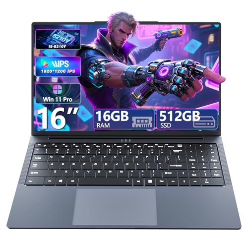 16 Pouces Ordinateur Portable avec Core i5 8210Y Processeur, Win 11 PC Portable 16Go RAM 512Go SSD, Laptop écran 1920 x 1200 IPS, RJ45, USB 3.0, HDMI, BT 5.0, WiFi 5 Pavé Numérique Rétroéclairé