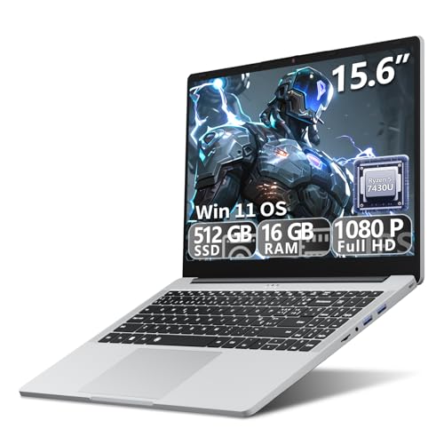 Ordinateur Portable 15,6 Pouces PC Portable Win 11 Ryzen 5 7430U (4.3GHz) Processeur Graphique Radeon, 16 Go RAM SSD 512 Go, Laptop Clavier Rétroéclairé USB 3.2 Type-C WiFi 6 Ordinateur Portable