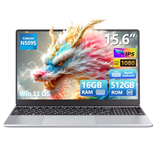 Ordinateur Portable 15,6 Pouces, Win 11 PC Portable 16Go LPDDR4 RAM 512Go SSD, 180°Flip 1080P Écran Laptop, Celeron N5095 CPU, Clavier Rétro-éclairé Déverrouillage Empreinte, Webcam BT4.2 USB3.0 WiFi5