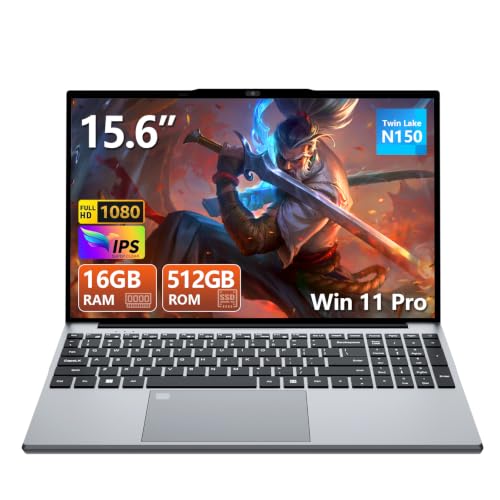 15,6 Pouces Ordinateur Portable, Win 11 PC Portable 16Go RAM DDR4 512Go SSD, CPU Twin Lake-N150, Clavier Rétro-éclairé Déverrouillage Empreinte, Laptop1080P Écran, WiFi5 Mini-HDMI USB3.0 BT4.2 Webcam