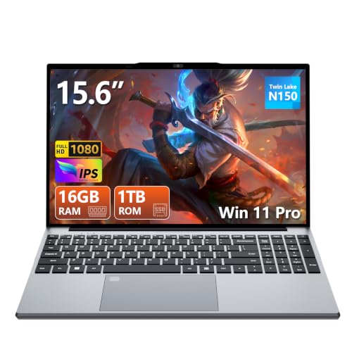 15,6 Pouces Ordinateur Portable, Win 11 PC Portable 16Go RAM DDR4 1To SSD, CPU Twin Lake-N150, Clavier Rétro-éclairé Déverrouillage Empreinte, Laptop1080P Écran, WiFi5 Mini-HDMI USB3.0 BT4.2 Webcam