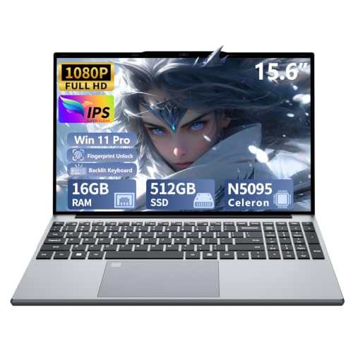 15,6 Pouces Ordinateur Portable Celeron N5095 Processeur, PC Portable Win 11 16 Go RAM DDR4 512 Go SSD, Laptop FHD IPS Déverrouillage Empreinte Digitale Clavier Rétroéclairé USB 3.0 HDMI Bluetooth
