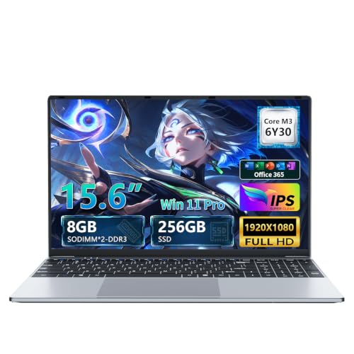 Ordinateur Portable 15.6 Pouces, PC Portable Win 11 8Go RAM 256Go SSD, Core M3 6Y30 Processor, Clavier Rétroéclairé, Laptop fin et léger avec écran FHD Pivotant à 180° Mini-HDMI 2*USB3.0 WiFi5 BT4.2