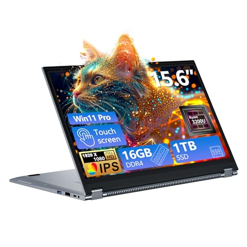 Ordinateur Portable 15,6 Pouces 2-en-1 - PC Portable Win 11, 16Go RAM 1To SSD, Laptop avec Processeur Ryzen 3 3200U, Écran Tactile IPS FHD 360° Rotation, Graphiques Radeon, Léger avec RJ45 Type-C
