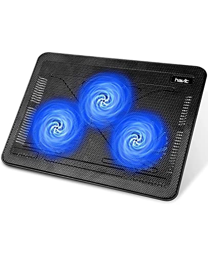 HAVIT HV-F2056 - Refroidisseur PC pour Ordinateur Portable, Hauteur Réglage, 3 Ventilateurs Silencieux avec LED Lumière Bleu, Boutons On Off, équipé de 2 Ports USB, Refroidissement rapide et puissant de Support Ventil-Bleu