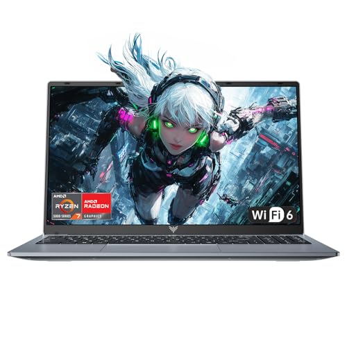 Tivique 2026 PC Portable 15.6 Pouces, Ordinateur Portable Gamer ave Ryzen 7 5700U (jusqu'à 4.3GHz) 8C 16T, 16GB RAM DDR4*2 512GB SSD M.2, 1080 FHD, BT5.2, USB3.2, Type-C, HDMI, Rapide 65W, WiFi 6