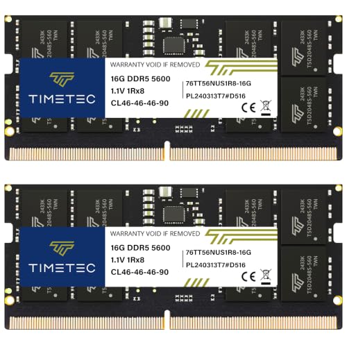 Timetec Kit de mémoire vive pour ordinateur portable Premium 32 Go (2 x 16 Go) DDR5 5600 MHz PC5-44800 sans tampon non ECC 1,1 V CL46 1Rx8 Rank 262 broches SODIMM