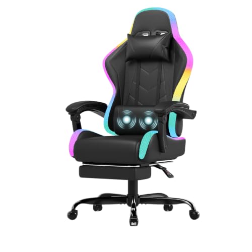 JUMMICO Chaise Gaming avec LED, Fauteuil Gaming au Design de La Course Automobile avec Repose-Pieds Extensible, Chaise de Bureau Ergonomique avec Fonction Massage,Capacité de Charge 150 kg, Noir Mat