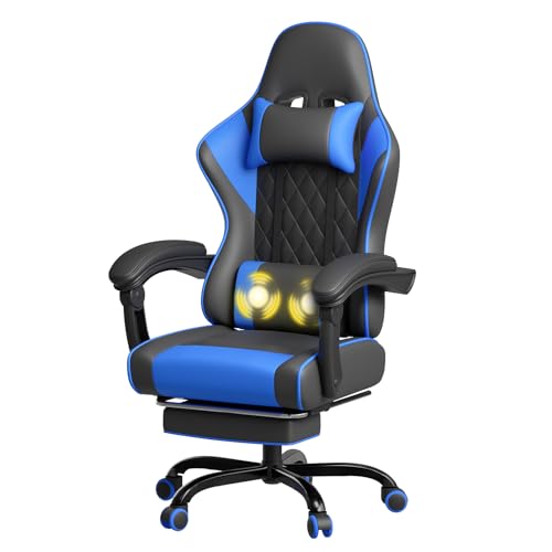 JUMMICO Chaise Gaming Ergonomique, Chaise de Bureau avec Fonction Massage, Fauteuil Gaming avec Repose-Pieds, 150 kg, Bleu Mat