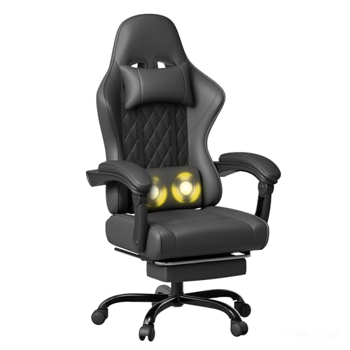 JUMMICO Chaise Gaming Ergonomique, Chaise de Bureau avec Fonction Massage, Fauteuil Gaming avec Repose-Pieds, 150 kg, Noir