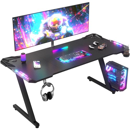 JUMMICO Bureau Gaming Professionnel RGB 160x60cm - Plateau Carbone Anti-Rayures, Imperméable - Pieds en Z, Rétroéclairage LED, Porte-Casque Porte-Gobelet