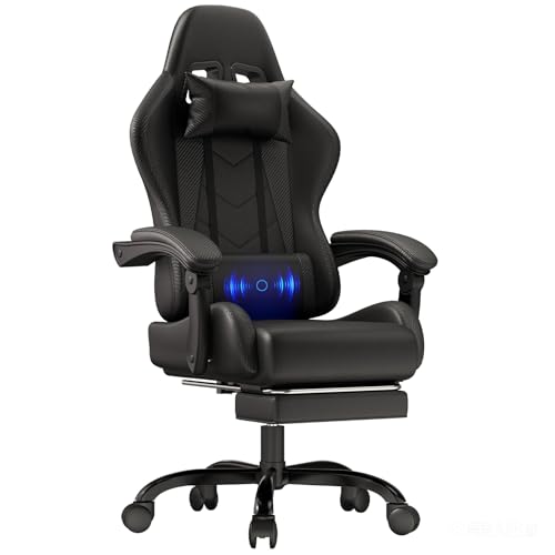 JUMMICO Chaise Gaming avec Coussin de Massage, Fauteuil Gaming Ergonomique avec Coussin Lombaire Massant, Chaise Bureau Gaming avec Dossier Réglable de 90 à 150° et Repose-Pieds, 150 kg, Noir