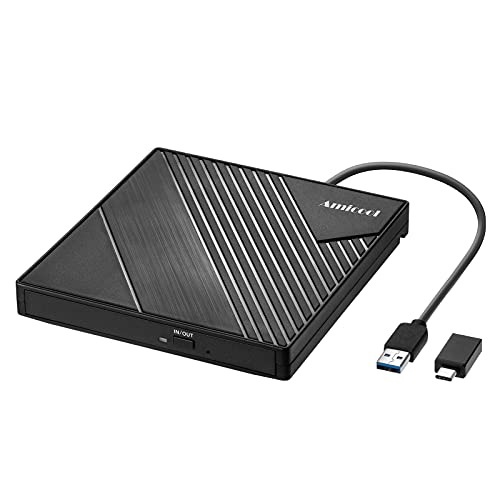 Amicool Lecteur DVD Externe USB 3.0 USB C Graveur de CD CD DVD -RW | Lecteur Optique Portable DVD CD ROM Graveur Lecteur pour Ordinateur Portable PC de Bureau Windows 11 10 8 7 Mac Linux
