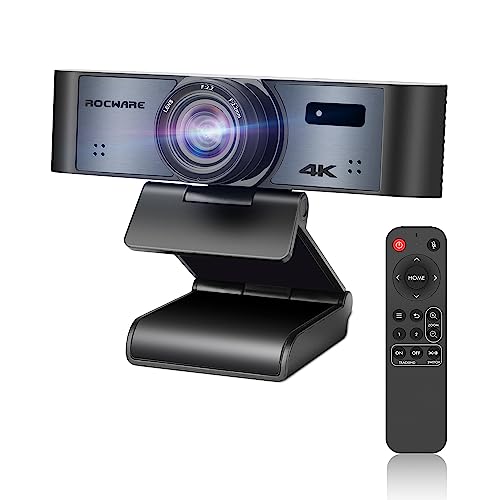 ROCWARE Webcam 4K avec télécommande, RC16 caméra d'ordinateur avec microphone, 1080p 60 fps FHD, suivi AI, couverture de confidentialité, WDR, champ de vision 110°, zoom numérique 8x, caméra de