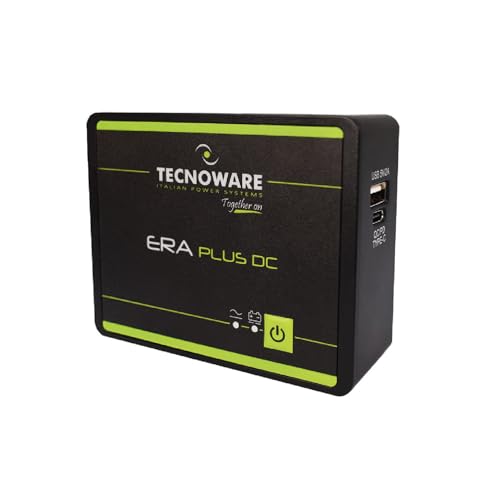 Tecnoware Power Systems Mini UPS Era Plus DC pour WiFi Modem, vidéosurveillance, Pas pour PC Gaming Consoles, USB-C USB-A, PowerBank 5200mAh, Protection surtensions et coupures Jusqu’à 240 Min