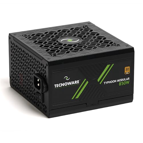 Tecnoware Power Systems Alimentation Typhoon 850W, 80 Plus Gold, Full Modulaire, Gaming, Ventilateur Silencieux 12 cm, Condensateurs Japonais 105°C, Circuit DC-DC, Câbles Plats