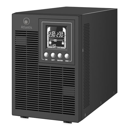 Atlantis A03-OP2002P Pro Onduleur (UPS) Online Double Conversion et Pure sinusoïde avec Une Puissance de 2000VA 1800W, Tour, écran LCD, USB, RS-232 série, 4 Sorties IEC, Slot SNMP, 4x12V-9Ah