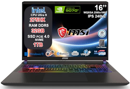 msi Vector 16 HX AI Ordinateur portable gaming Intel Core Ultra 9 275HX, RTX 5070 Ti 12 Go GDDR7, 32 Go de RAM, 1 To SSD, 16 QHD IPS 240 Hz, Thunderbolt 5, WiFi 7, clavier RGB 24 zones, Windows 11
