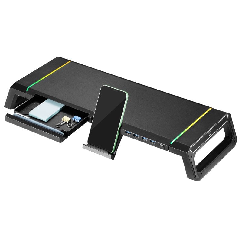 ewent Support d'écran Ewent EW1268 Black, 4 ports USB 3.0 RGB, largeur réglable, tiroir de rangement