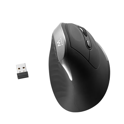 Ewent Souris Ergonomique Verticale USB-A sans Fil, 2.4GHz, avec Nano Récepteur, 800 1200 2400 DPI Ajustables, 6 Contrôles, pour Droitier, PC, Ordinateur, Portable, Mac, Noir - Piles Incluses