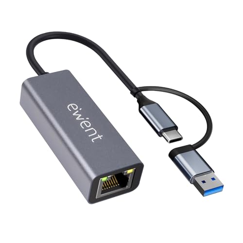 Ewent Adaptateur Ethernet USB-C vers RJ45 Gigabit 1000 Mbps, USB-C et USB-A, câble 15 cm, boîtier en Aluminium Compact, Plug Play pour PC, Ordinateur Portable et Tablette,Windows,macOS,Linux,ChromeOS