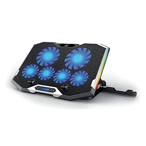 Ewent EW1260–Support et ventilateur pour ordinateur portable–Silencieux–6 ventilateurs à vitesse réglable–pour ordinateurs portables jusqu'à 17 –Écran LCD–2 ports USB–7 lumières LED–Design ergonomique