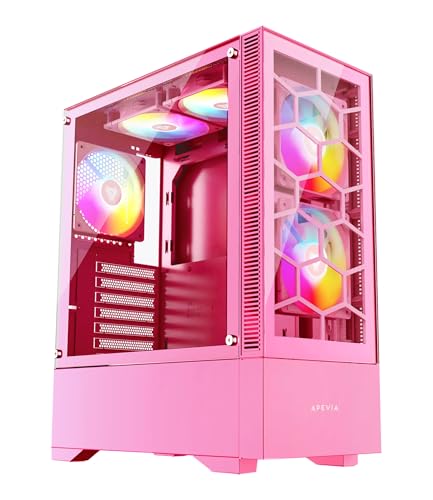 Apevia Eclipse-PK Eclipse Boîtier PC de jeu avec 5 ventilateurs ARGB de 120 mm, 366 modes d'éclairage RVB, design minimaliste en nid d'abeille, panneaux avant et latéraux en verre trempé, 1 USB 3.0, 2