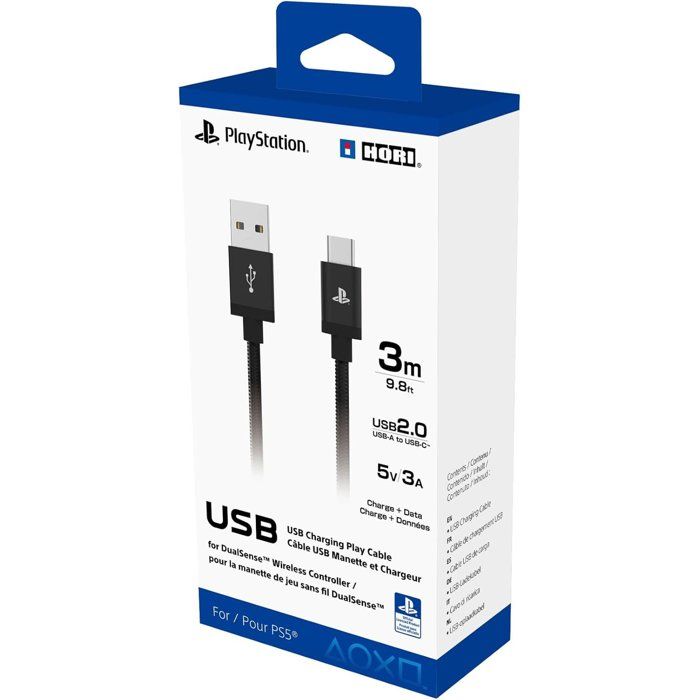 Cable de charge USB-A a USB-C - Hori - PlayStation pour manette DualSense PS5 - Puissance 5 V 3 A- Longueur 3 m - Black