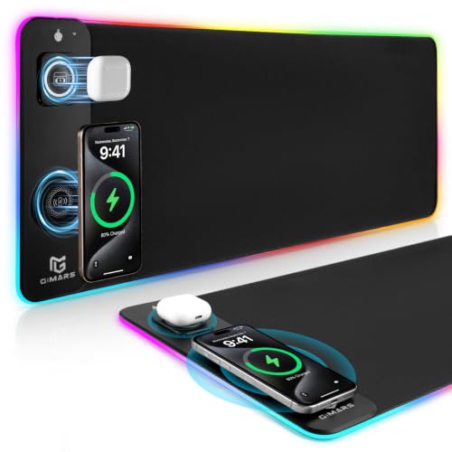Gimars Upgrade Tapis De Souris XXL Gaming 3 en 1 RGB avec Charge sans Fil Rapide Magnétique 15W, 800x300x4mm Grand Mouse Pad RGB, 15 Modes Lumineux, Imperméable Antidérapant pour Bureau PC Gamer