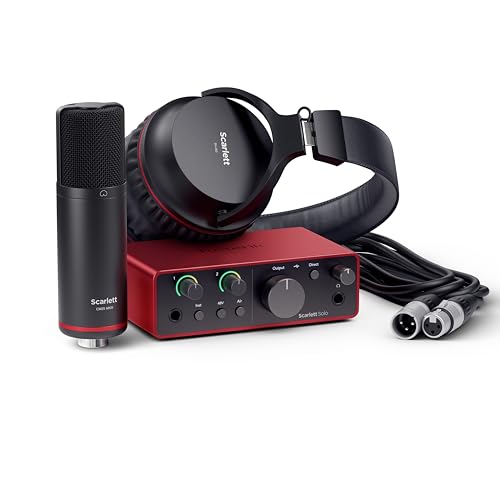 Focusrite Scarlett Solo Studio 4th Gen, bundle d'interface audio USB pour la guitare, la voix et la production, avec microphone à condensateur et casque enregistrez, composez, streamez et podcastez