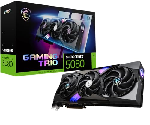 MSI Gaming RTX 5080 16G Gaming Trio OC Carte Graphique (16 Go GDDR7, 256 Bits, Extreme Clock TBD MHz, DisplayPort x 3 2.1a, HDMI 2.1b, NVIDIA Blackwell Architecture)