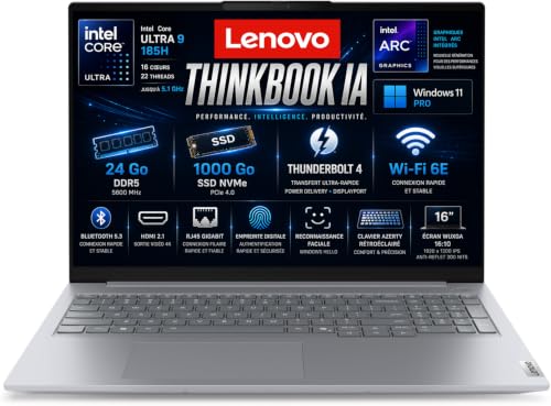 Lenovo ThinkBook Ordinateur Portable IA, Intel Ultra 9 185H, RAM 24Go DDR5, SSD 1To, Écran 16 FHD, Thunderbolt 4, Windows Hello, Aluminium, Empreinte Digitale, Clavier AZERTY Rétroéclairé, Win11 Pro