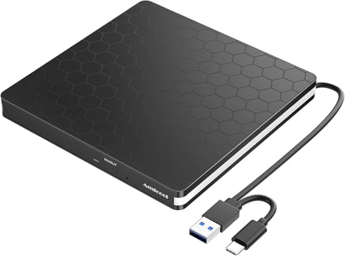 Amicool Lecteur DVD Externe USB 3.0 DVD CD Portable Type-C et Lecteur de Disque,Plug Play,Faible Bruit,Slim Superdrive pour Ordinateur Portable,Bureau,Mac, Macbook, iOS,Windows 10 8 7 XP et Linux