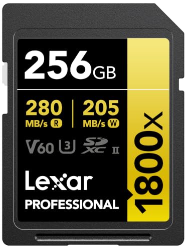 Lexar SDXC Professional 256 Go 1800x UHS-II série Gold, Classe 10, U3, V60, pour Enregistrement vidéo 4K, Noir