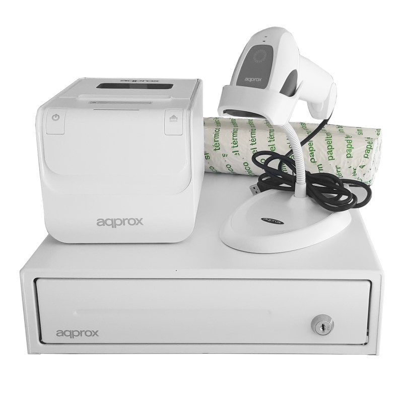 approx Imprimante thermique Ethernet USB environ POSPACK3380WH avec tiroir-caisse, lecteur 1D et découpeuse automatique