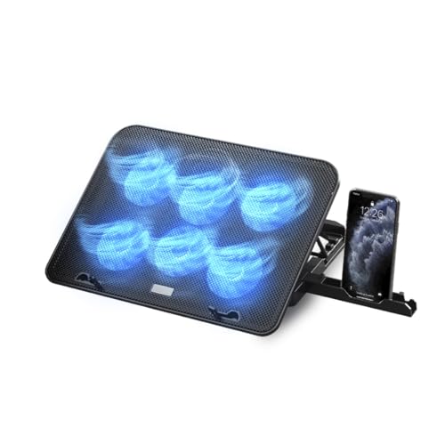 NK Base de Refroidissement Portable - Ventilateur pour Ordinateur Portable 12-17 , Réglables en Hauteur, 6 Ventilateurs Silencieux, 2 Ports USB, Refroidissement Rapide, lumière LED Bleue - Noire
